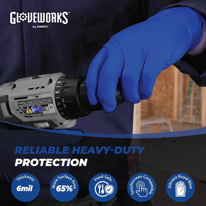 GLOVEWORKS HD Royal Blue Nitrile Industrial Disposable Gloves, 6 Mil Latex-Free, Raised Diamond Texture, Medium, Box of 100 - Image 2
